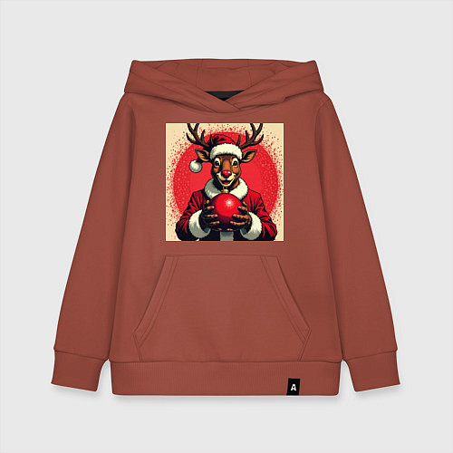 Детская толстовка-худи Рождественский олень Рудольф в шапке Санты / Кирпичный – фото 1