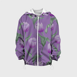 Куртка с капюшоном детская Фиолетовые тюльпаны с зелеными листьями, цвет: 3D-белый