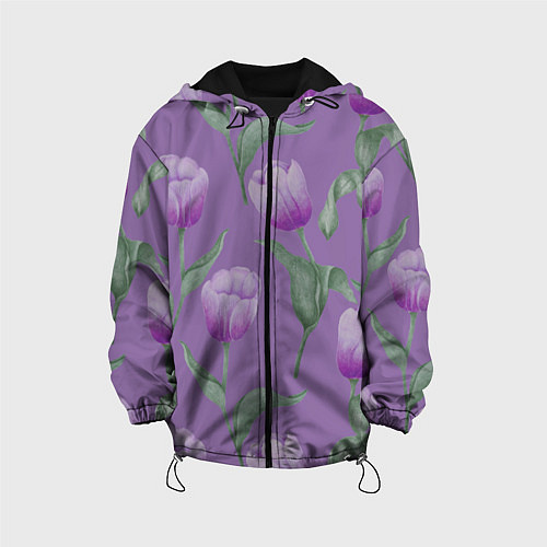Детская куртка Фиолетовые тюльпаны с зелеными листьями / 3D-Черный – фото 1