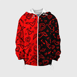 Куртка с капюшоном детская Черно-Красные сердца с крылышками, цвет: 3D-белый