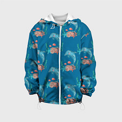 Куртка с капюшоном детская Дельфины Море паттерн, цвет: 3D-белый