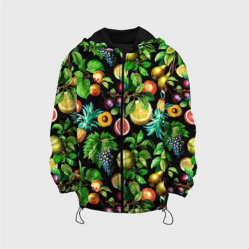 Детская куртка Сочные фрукты - персик, груша, слива, ананас / 3D-Черный – фото 1