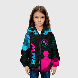 Куртка с капюшоном детская BMW - neon gradient: символ и надпись вертикально, цвет: 3D-черный — фото 2