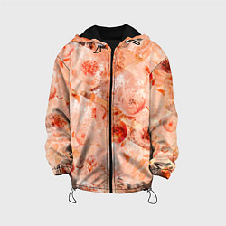 Куртка с капюшоном детская Гранжевый цветочный узор, коралловый фон, цвет: 3D-черный