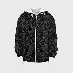 Куртка с капюшоном детская Белые контуры тропических листьев на черном, цвет: 3D-белый