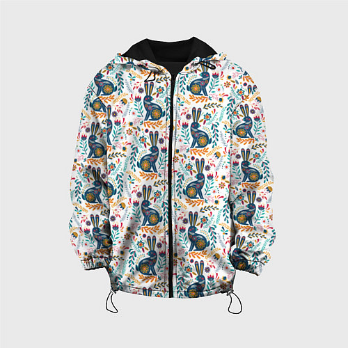 Детская куртка Новогодний паттерн - Кролики и веточки / 3D-Черный – фото 1