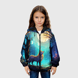 Куртка с капюшоном детская Волк в ночном лесу в folk art стиле, цвет: 3D-черный — фото 2