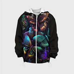 Куртка с капюшоном детская Разные неоновые бабочки, цвет: 3D-белый