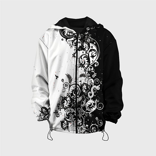 Детская куртка Черно-белая птица среди узорчатых цветов / 3D-Черный – фото 1