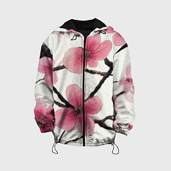 Куртка с капюшоном детская Цветы и ветви японской сакуры - текстура холста, цвет: 3D-черный