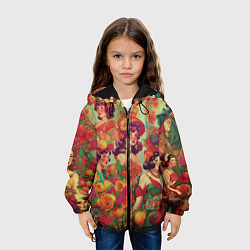 Куртка с капюшоном детская Винтажные ретро леди и цветы, цвет: 3D-черный — фото 2