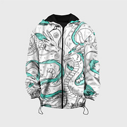 Куртка с капюшоном детская Дракон Хаку в стиле тату: белый и бирюзовый паттер, цвет: 3D-черный