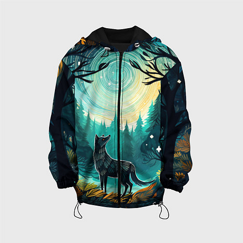 Детская куртка Волк в ночном лесу фолк-арт / 3D-Черный – фото 1