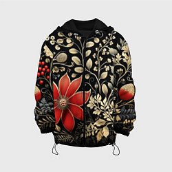 Куртка с капюшоном детская Новогодние цветы и листья, цвет: 3D-черный