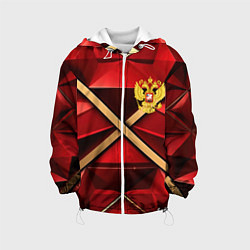 Куртка с капюшоном детская Герб России на красном абстрактном фоне, цвет: 3D-белый