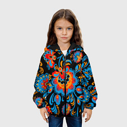 Куртка с капюшоном детская Хохломская роспись разноцветные цветы на чёроном ф, цвет: 3D-черный — фото 2