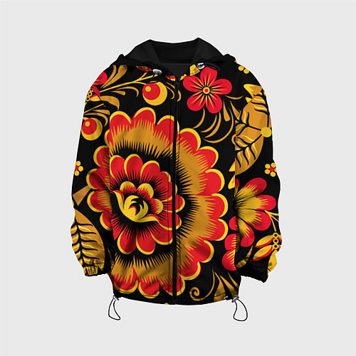Детская куртка Хохломская роспись красно-жёлтые цветы на чёрном ф / 3D-Черный – фото 1