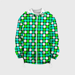 Куртка с капюшоном детская Зелёные и белые квадраты, цвет: 3D-белый