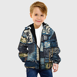 Куртка с капюшоном детская Иероглифы на пэчворк дениме, цвет: 3D-черный — фото 2
