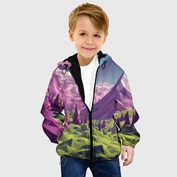Куртка с капюшоном детская Геометрический зеленый пейзаж и фиолетовые горы, цвет: 3D-черный — фото 2