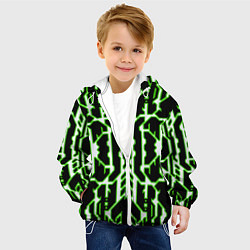 Куртка с капюшоном детская Техно белые линии с зелёной обводкой на чёрном фон, цвет: 3D-белый — фото 2