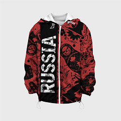 Куртка с капюшоном детская Россия на фоне матрёшек балалайки и славянских узо, цвет: 3D-белый