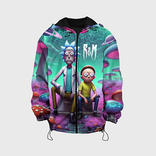 Детская куртка Рик и Морту на сказочной грибной планете - нейроар / 3D-Черный – фото 1