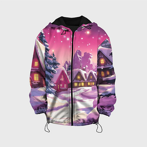 Детская куртка Новогодние домики и фиолетовый закат / 3D-Черный – фото 1