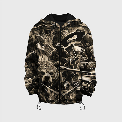 Детская куртка Медведь на фоне десантников танков и самолетов / 3D-Черный – фото 1