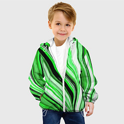 Куртка с капюшоном детская Волнистые вертикальные чёрно-зелёные полосы, цвет: 3D-белый — фото 2