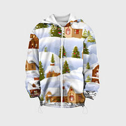 Куртка с капюшоном детская Новогодние домики и елочки, цвет: 3D-белый