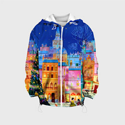 Куртка с капюшоном детская Разноцветные новогодние домики, цвет: 3D-белый