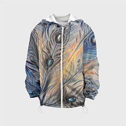 Куртка с капюшоном детская Синие перья с самоцветами, цвет: 3D-белый