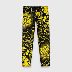 Леггинсы для девочки Хохломская роспись золотые цветы на чёроном фоне, цвет: 3D-принт