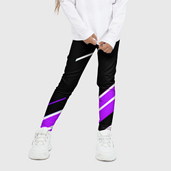 Леггинсы для девочки Бело-фиолетовые полосы на чёрном фоне, цвет: 3D-принт — фото 2