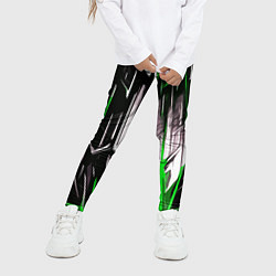 Леггинсы для девочки Зелёно-белые вертикальные полосы на чёрном фоне, цвет: 3D-принт — фото 2
