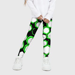 Леггинсы для девочки Бело-зелёные шестиугольники на чёрном фоне, цвет: 3D-принт — фото 2
