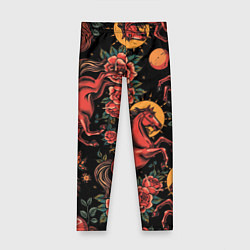 Леггинсы для девочки Красная лошадь с розами, цвет: 3D-принт