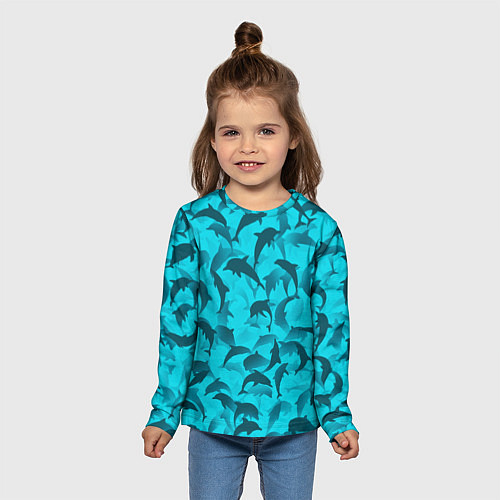 Детский лонгслив Синий камуфляж с дельфинами / 3D-принт – фото 5