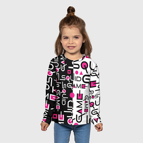 Детский лонгслив ИГРА В КАЛЬМАРА ЧЁРНО БЕЛЫЙ ПАТТЕРН ЛОГО / 3D-принт – фото 5