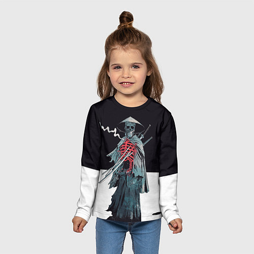 Детский лонгслив Скелет Самурай с трубкой на черно белом фоне / 3D-принт – фото 5