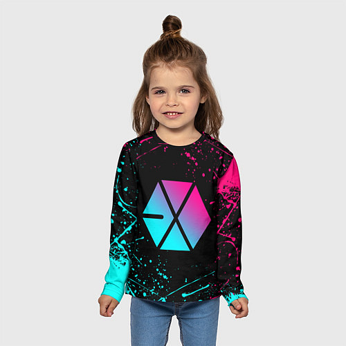 Детский лонгслив EXO BAND NEON LOGO НЕОНОВЫЕ БРЫЗГИ КРАСОК / 3D-принт – фото 5