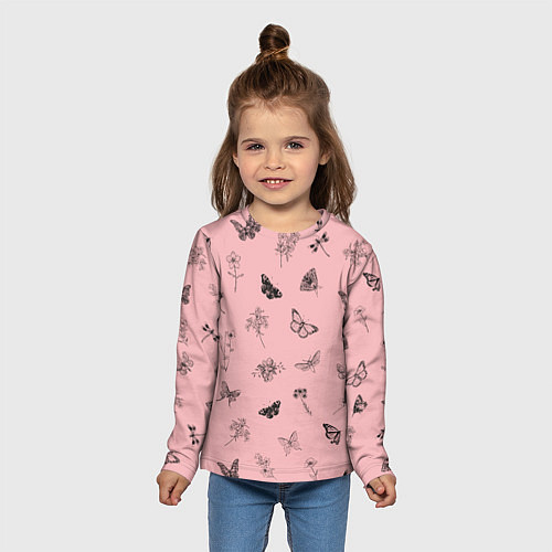 Детский лонгслив Цветочки и бабочки на розовом фоне / 3D-принт – фото 5