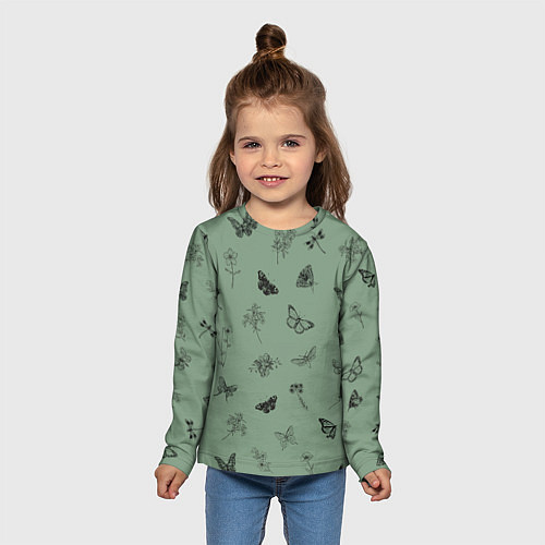 Детский лонгслив Цветочки и бабочки на зеленом фоне / 3D-принт – фото 5