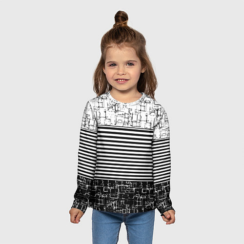 Детский лонгслив Черно-белый комбинированный абстрактный с полосаты / 3D-принт – фото 5