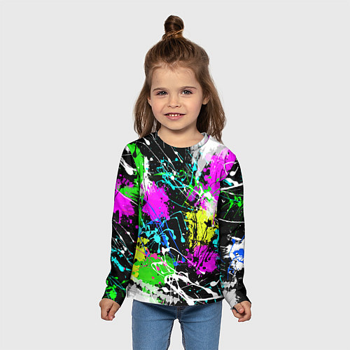 Детский лонгслив Разноцветные пятна краски на черном фоне / 3D-принт – фото 5
