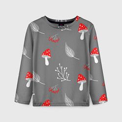 Лонгслив детский Грибочки на сером фоне, паттерн, цвет: 3D-принт