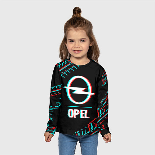 Детский лонгслив Значок Opel в стиле Glitch на темном фоне / 3D-принт – фото 5