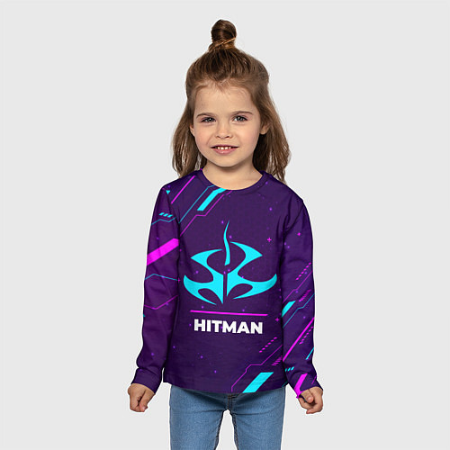 Детский лонгслив Символ Hitman в неоновых цветах на темном фоне / 3D-принт – фото 5