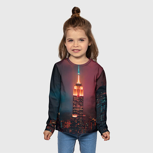 Детский лонгслив Неоновая ночная башня в городе / 3D-принт – фото 5